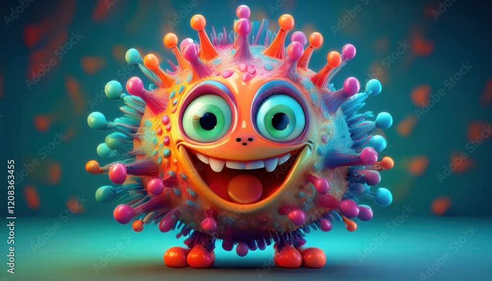 Naklejka premium A colorful, cute cartoon personification of a virus with a friendly face, showcasing the COVID-19 spike glycoprotein, turning a pathogen into a playful character.