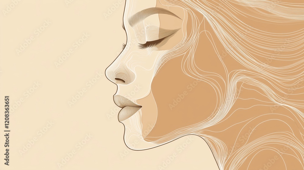 Abstract line art portrait of a woman's face with neutral tones and flowing hair Abstract line art portrait of a woman's face with neutral tones and flowing hair