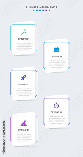 Vertical progress bar featuring 5 arrow-shaped elements, symbolizing the five stages of business strategy and progression. Clean timeline infographic design template. Vector for mobile presentation.