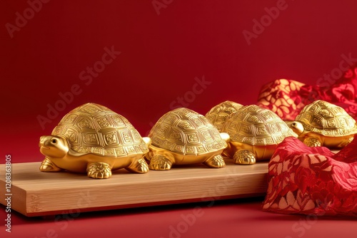 Wallpaper Mural A group of golden, turtle-shaped ingots with Chinese character patterns and red fabric on the ground, against a red background Torontodigital.ca