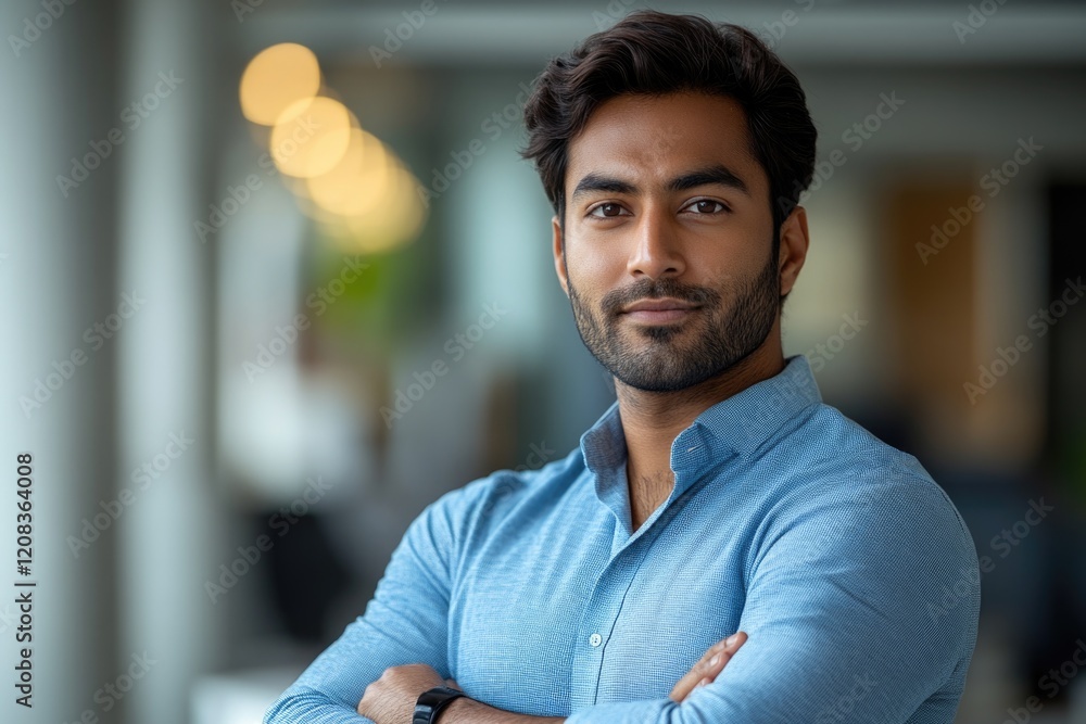 Naklejka premium A person standing with their arms crossed, wearing a blue shirt