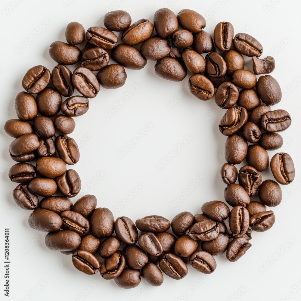 Coffee beans arranged in circular shape on white background for modern design Coffee beans arranged in circular shape on white background for modern design