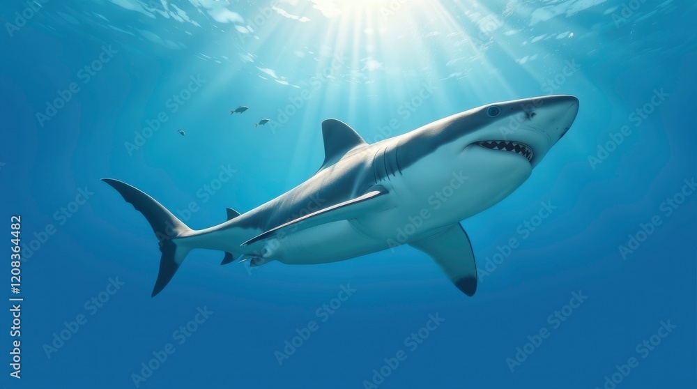 Fototapeta premium Majestic Great White Shark Underwater Sunlight Scene