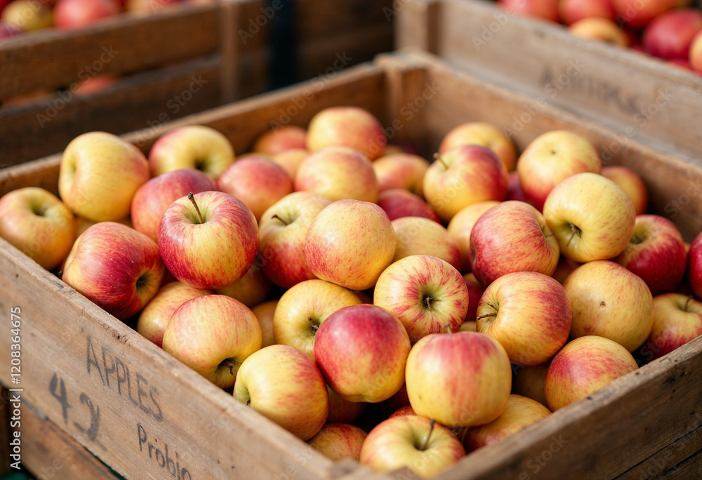 Close-up of wooden crates full of ripe apples Close-up of wooden crates full of ripe apples