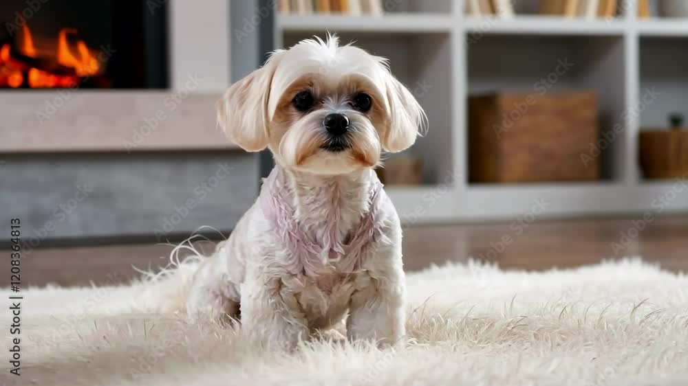 Adorable puppy relaxing on fluffy rug in cozy living room setting Adorable puppy relaxing on fluffy rug in cozy living room setting