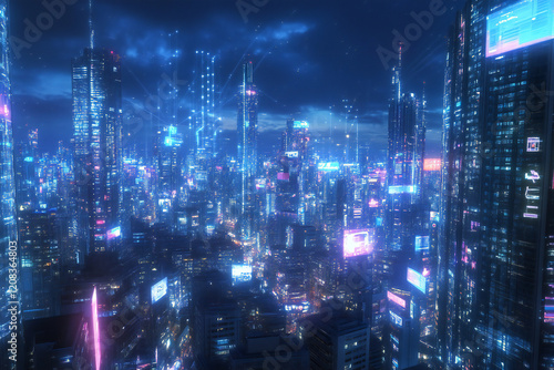 Wallpaper Mural Futuristic Digital Dashboard Overlay on Smart City Skyline Showcasing Data Visualization, Urban Innovation, and Global Technology Torontodigital.ca