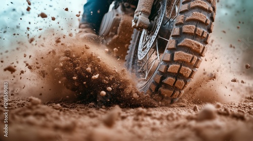 Dynamic close-up of off-road motorcycle tire skidding on muddy track