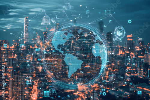 Futuristic Digital Dashboard Overlay on Smart City Skyline Showcasing Data Visualization, Urban Innovation, and Global Technology
