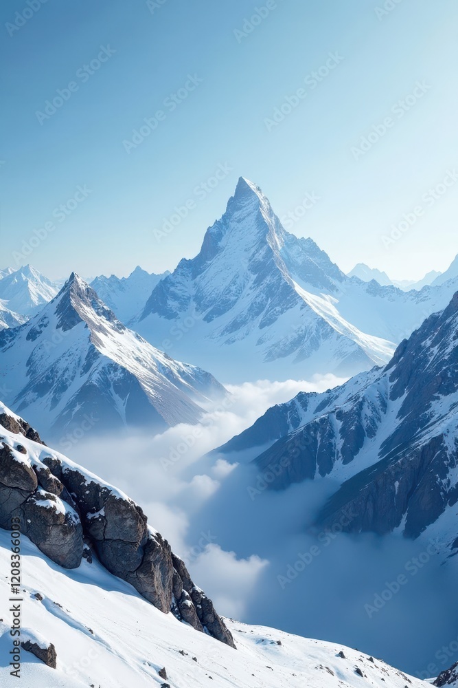 Obraz premium Snow-covered mountain peaks with sparkling silver mist, cold, silver