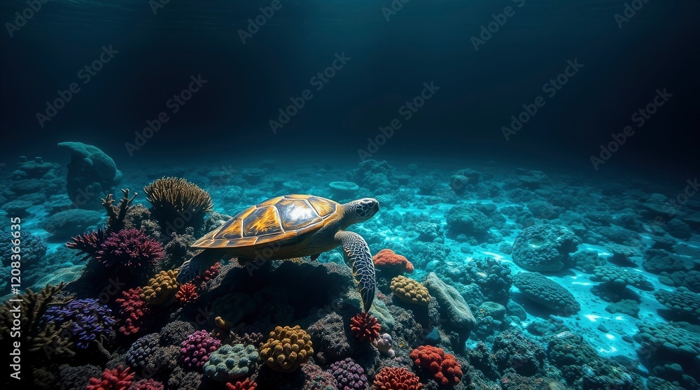 Sea Turtle Swimming in Vibrant Coral Reef Sea Turtle Swimming in Vibrant Coral Reef