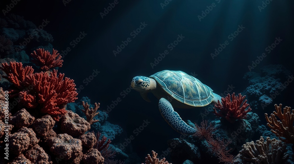 Obraz premium Sea Turtle Gracefully Swimming in Coral Reef