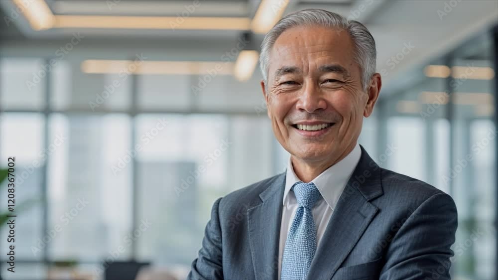 A confident old man smiling and crossing his arms in a professional office environment. Success and institutionalization. 06. A confident old man smiling and crossing his arms in a professional office environment. Success and institutionalization. 06.