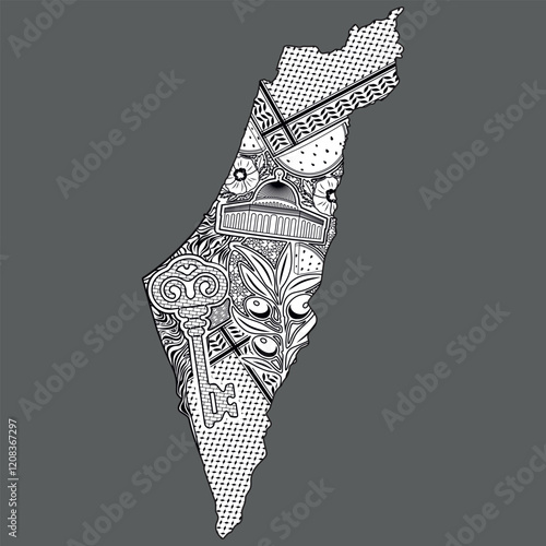 Palestine Map patterned with Decorative elements, mosq, watermelon, keffiyeh, olives, poppy flowers, key, black and white vector illustration on grey background