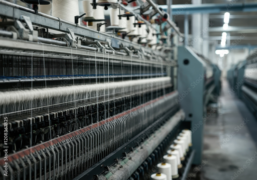 A close-up of yarn spinning machine in textile factory machinery A close-up of yarn spinning machine in textile factory machinery