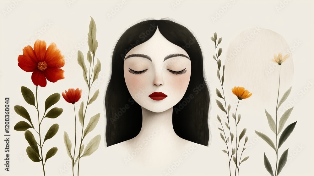 Serene woman with closed eyes surrounded by stylized flowers and leaves Serene woman with closed eyes surrounded by stylized flowers and leaves