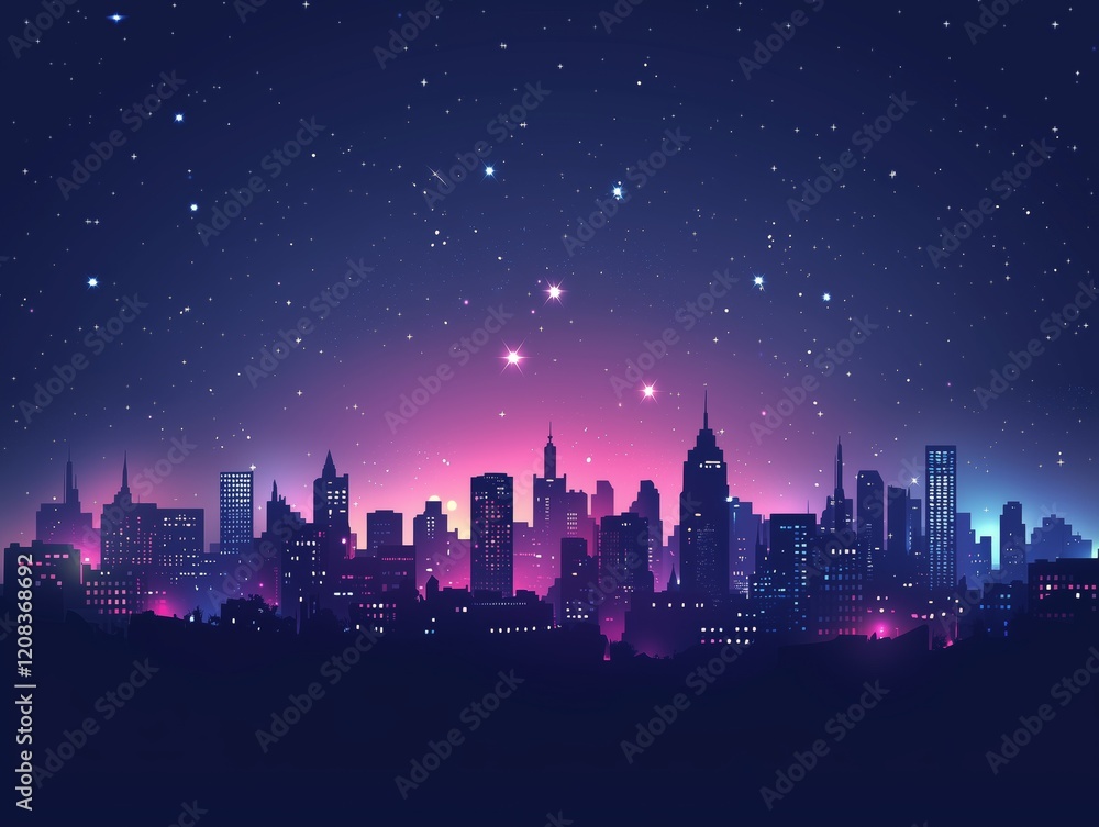 Fototapeta premium Vibrant city skyline at night with starry sky and neon glow