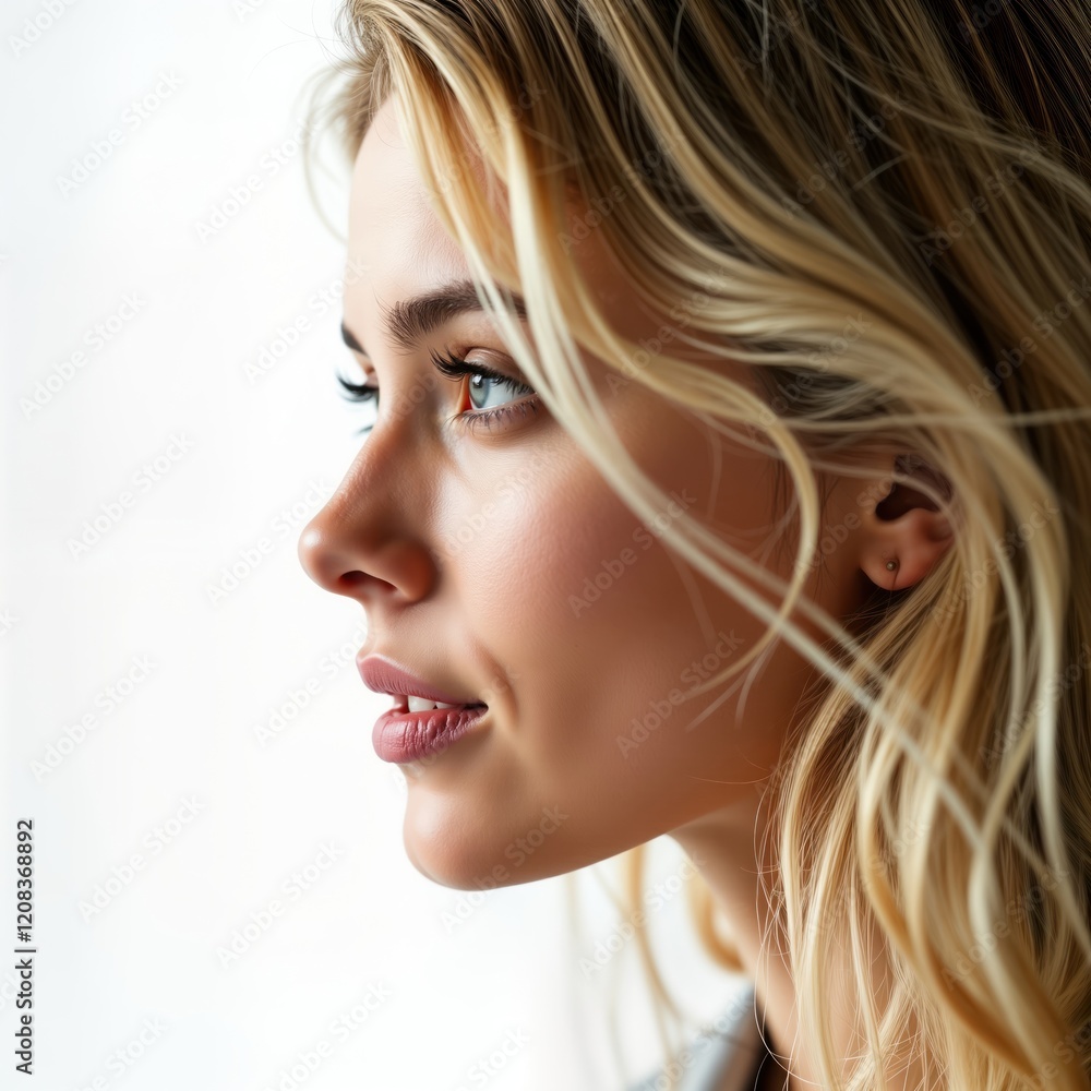 Close-up side profile of beautiful blonde woman with flawless skin. Thoughtful expression, vibrant blue eyes. Light blonde hair styled, looks healthy, full. Glamorous image perfect for beauty, Close-up side profile of beautiful blonde woman with flawless skin. Thoughtful expression, vibrant blue eyes. Light blonde hair styled, looks healthy, full. Glamorous image perfect for beauty,