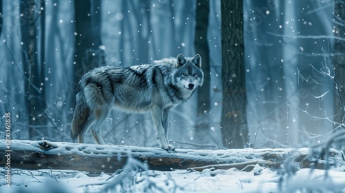 Lone wolf in snowy wilderness photographed in desaturated cinematic style photo