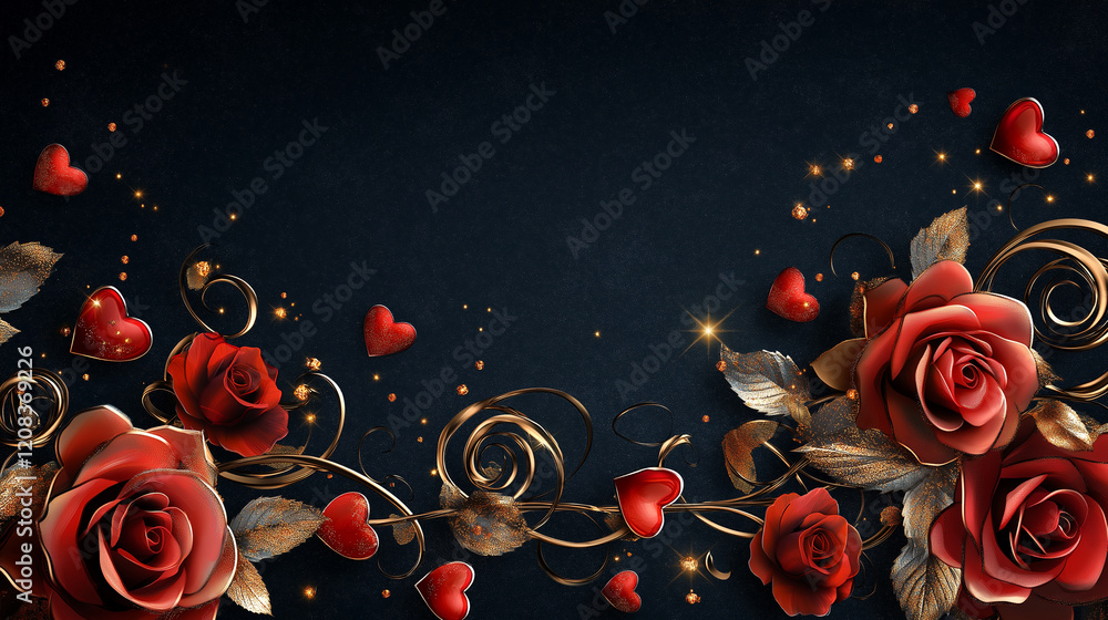 Elegant Valentine's Day border with intertwining gold and silver vines, blooming roses, and tiny sparkling hearts, leaving an open area in the middle for a message Elegant Valentine's Day border with intertwining gold and silver vines, blooming roses, and tiny sparkling hearts, leaving an open area in the middle for a message
