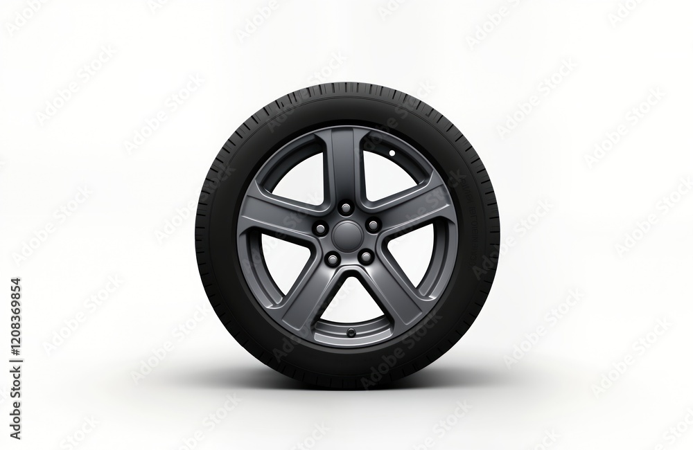 Side view of car wheel isolated on white background. Wheel gray, black. Tire dark gray, tread patterns. Rim gray metal. Illustration 3D model suitable for vehicle parts catalogs. Pro graphic design. Side view of car wheel isolated on white background. Wheel gray, black. Tire dark gray, tread patterns. Rim gray metal. Illustration 3D model suitable for vehicle parts catalogs. Pro graphic design.