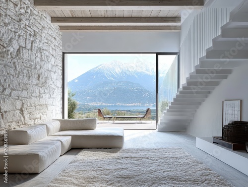 Gorgeous living room with mountain view and white staircase.