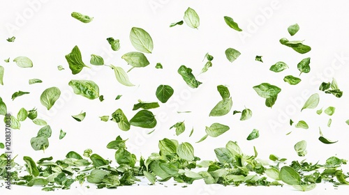 Falling Oregano Leaves in Graceful Motion Against White Background