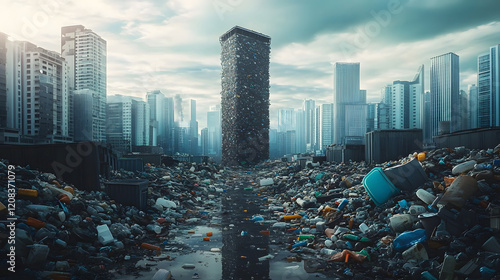 Dystopian cityscape where plastic waste towers over skyscrapers, environmental pollution photo