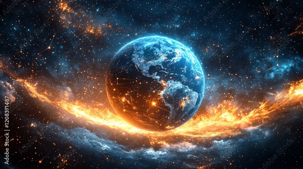 Obraz premium A high-resolution image illustrates a luminous digital Earth with network connections indicating global communication and technology