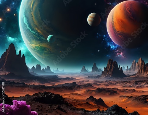 Alien Planet Landscape: Vibrant Nebula, Rugged Mountains, and Celestial Bodies