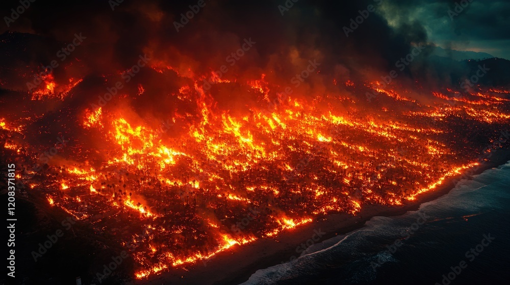 A large fire burning on a sandy beach, perfect for camping or outdoor gatherings A large fire burning on a sandy beach, perfect for camping or outdoor gatherings