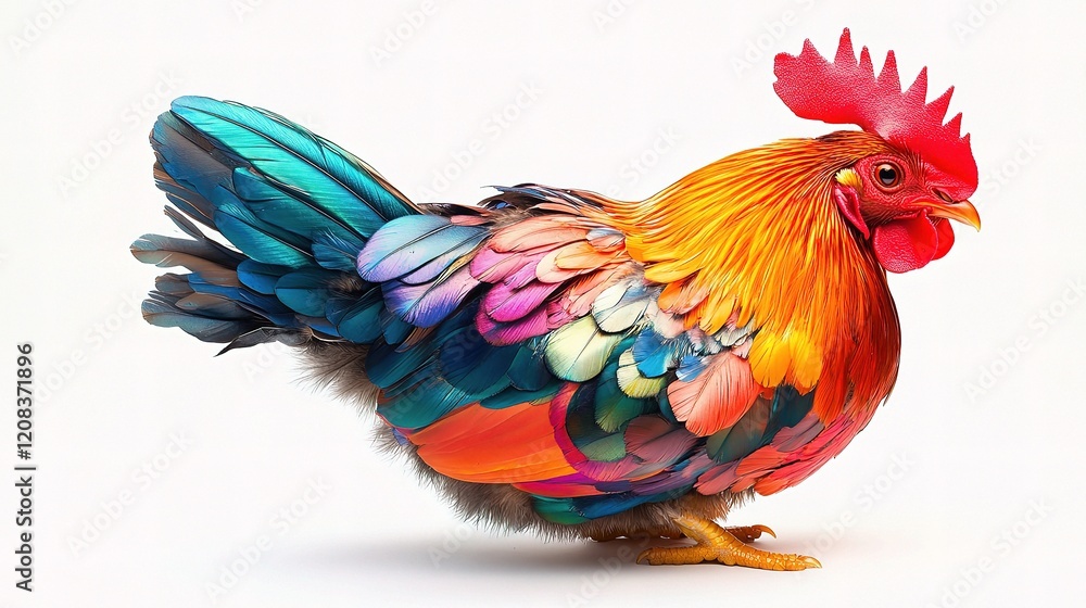 Obraz premium Vibrant Chicken with Colorful Feathers Isolated on White Background