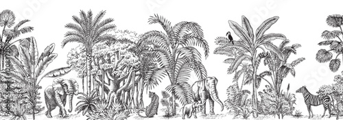Toile tropical vintage botanical palm trees, banana tree, plants, banyan tree, elephant, leopard animal seamless border white background. Graphic jungle mural.