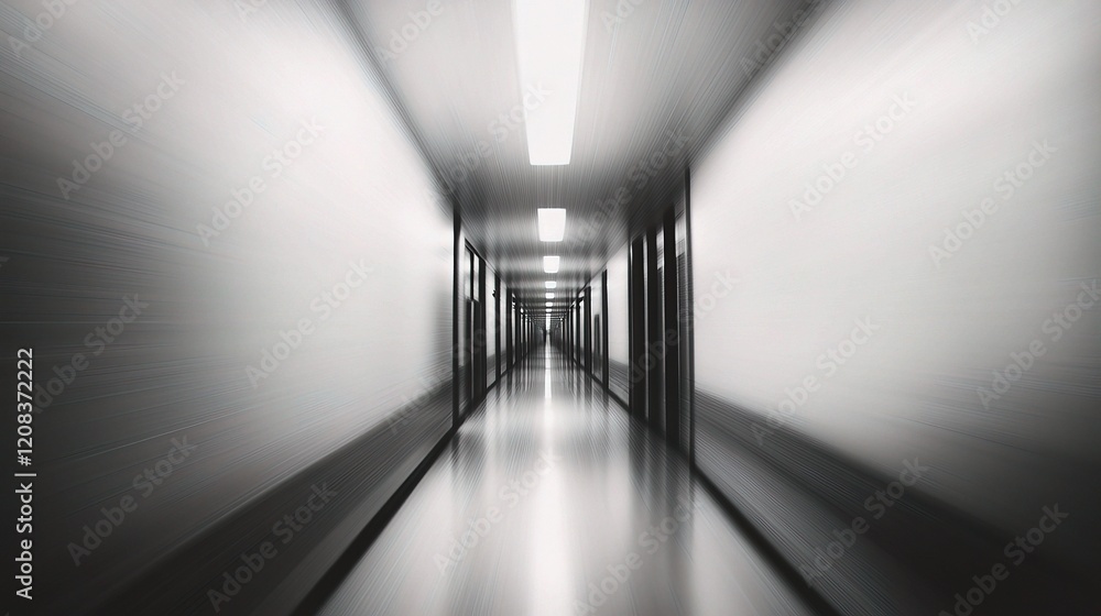 Blurred Hospital Corridor with Bright Lights and Empty Space
