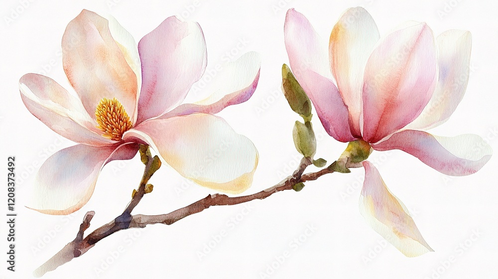 Obraz premium Elegant Watercolor Magnolia Flowers on a Delicate Branch