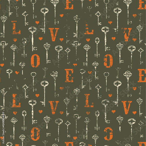 Vector seamless pattern on the theme of love with vintage keys and initial letters in retro style. Abstract background with hand-drawn illustrations. Suitable for wallpaper, wrapping paper, fabric