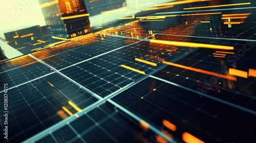 Solar panels are converting sunlight into electricity, powering a futuristic smart city with clean and sustainable energy, symbolizing innovation and progress