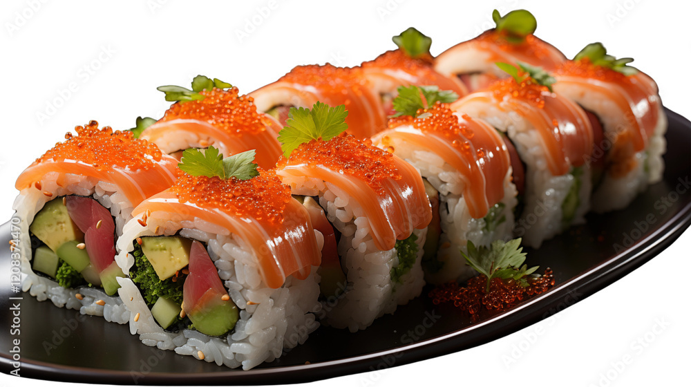 Close-up of a sushi roll with fresh fish and vegetables, showcasing Japanese culinary artistry, studio view, isolated on transparent background. Close-up of a sushi roll with fresh fish and vegetables, showcasing Japanese culinary artistry, studio view, isolated on transparent background.
