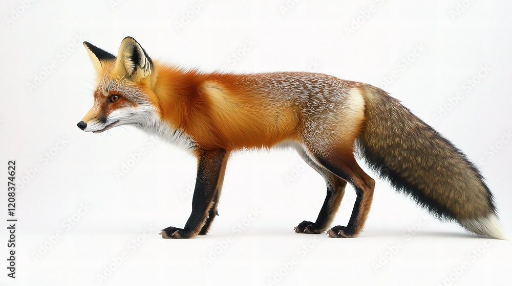 Fototapeta premium Red Fox with Bushy Tail Posing Isolated on White Background