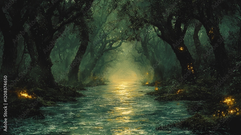 In this alien swamp, the waters radiate light while the trees are both luminescent and distorted In this alien swamp, the waters radiate light while the trees are both luminescent and distorted