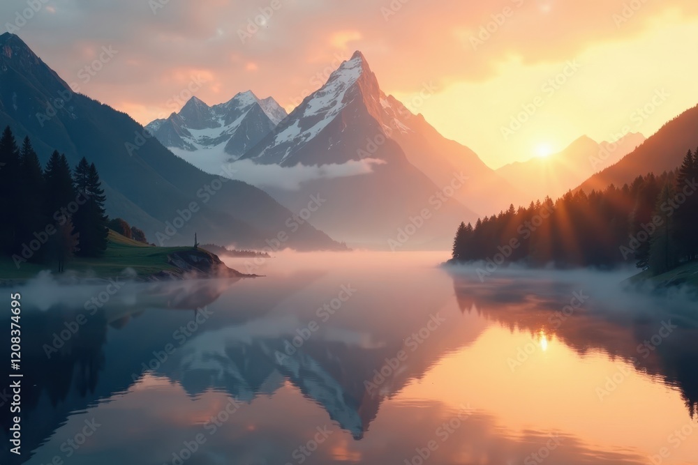 Gentle mist clings to mountain peaks as morning sun rises high, reflection, sunrise, peaceful Gentle mist clings to mountain peaks as morning sun rises high, reflection, sunrise, peaceful