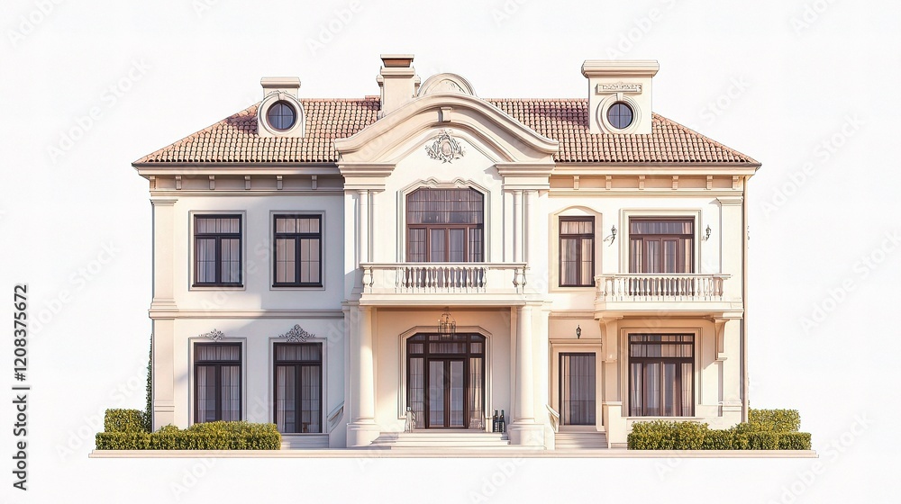 Fototapeta premium Elegant House with Detailed Architecture Isolated on White Background