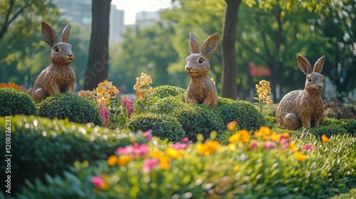 A beautifully landscaped park featuring animal sculptures made from trimmed bushes, with hedges forming lifelike shapes of various animals such as deer and rabbits. photo