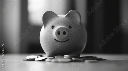 Piggy bank with a slot for coins, placed on a clean surface with coins surrounding it. The background is neutral, space for advertising. This minimalist image emphasizes the idea of saving money photo