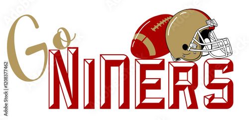 go niners - Metallic gold and Red football ball ands helmet player, sport vector graphics, hockey, for street art - graffiti lettering typography - art illustration - multicolor - writen

