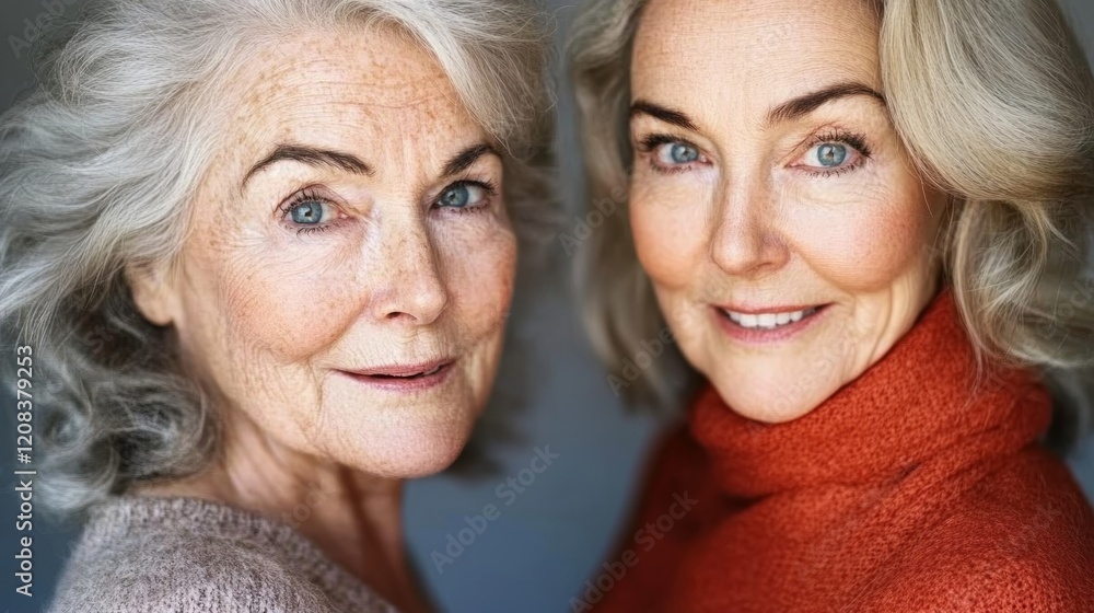 Close-up of an older woman with gray hair and radiant skin smiling warmly in a studio setting with soft, neutral lighting Close-up of an older woman with gray hair and radiant skin smiling warmly in a studio setting with soft, neutral lighting
