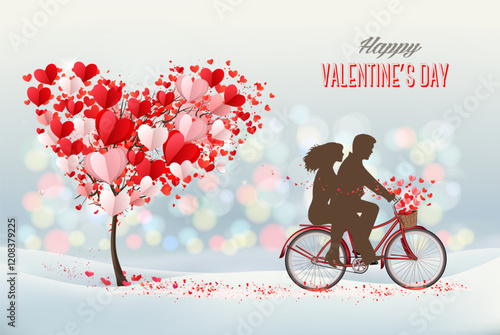 Valentine`s day background. Bicycle with couple in love and tree with heart-shaped leaves. Vector