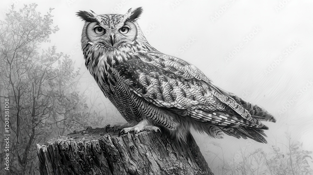 custom made wallpaper toronto digitalMajestic eagle owl perched on a tree stump in a misty forest.