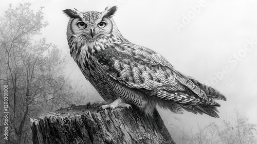 Wallpaper Mural Majestic eagle owl perched on a tree stump in a misty forest. Torontodigital.ca