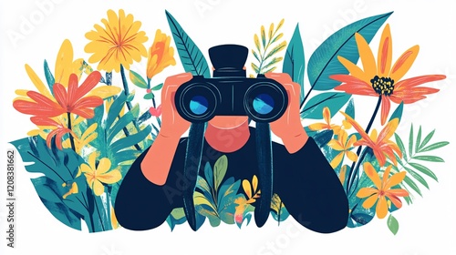 Professional Wide Angle Adult Nature Photography with Binoculars and Flowers