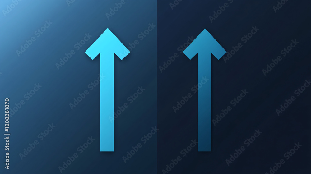 two identical blue arrows pointing upward with gradient tones on split light and dark backgrounds for symmetry
two identical blue arrows pointing upward with gradient tones on split light and dark backgrounds for symmetry